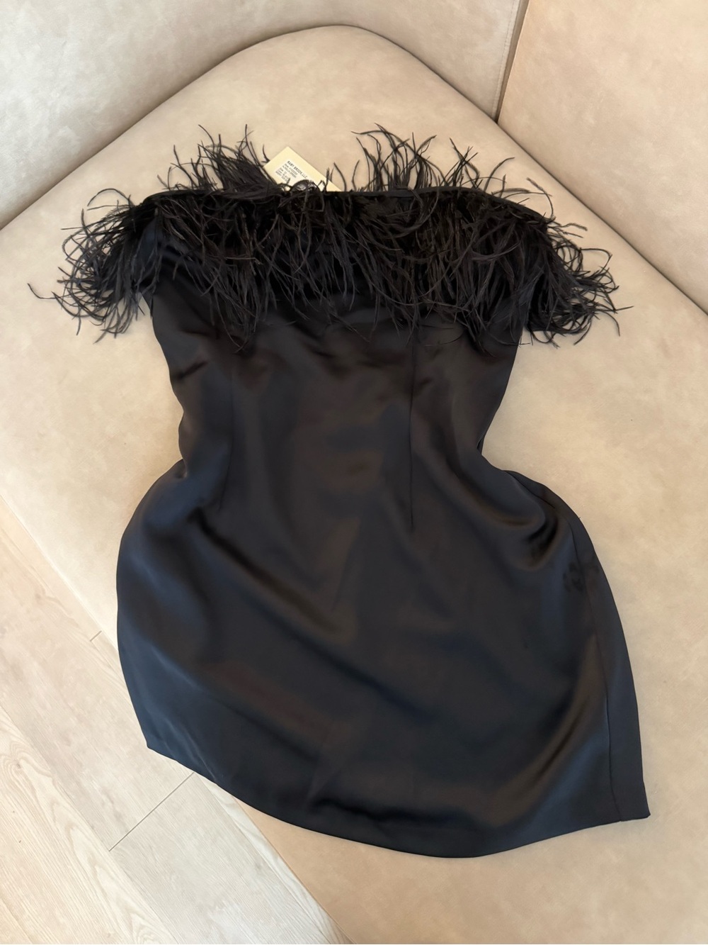 Ramy Brook Black Strapless Feather-Trim Satin Mini Dress